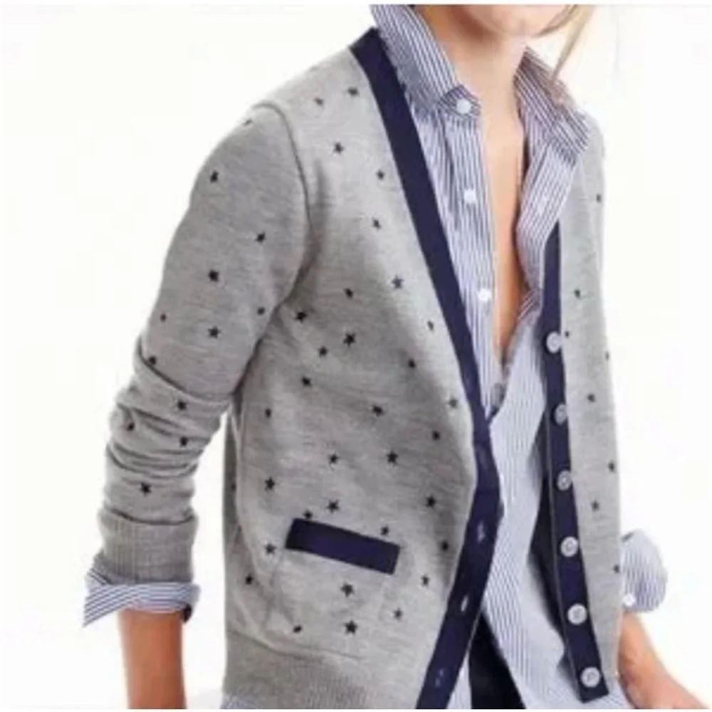 J. Crew Gray and Blue Cardigan Sweater with Polka Dot Pattern